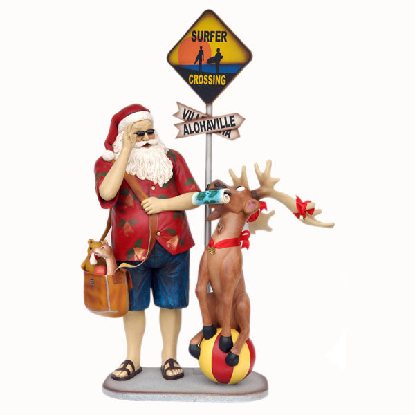 Travelling Santa with Reindeer & Surfer Sign Life Size Statue
