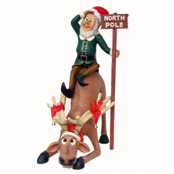 Funny Reindeer with Elf Life Size Statue