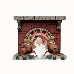 Santa & Funny Reindeer Coming Out of Chimney Life Size Statue