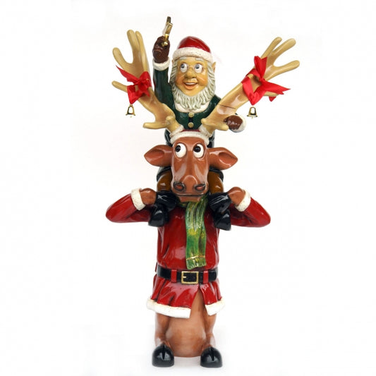 Elf on Back of Funny Reindeer Life Size Statue