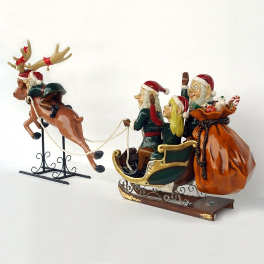 Elves with Santa's Sleigh & Reindeer Life Size Statue