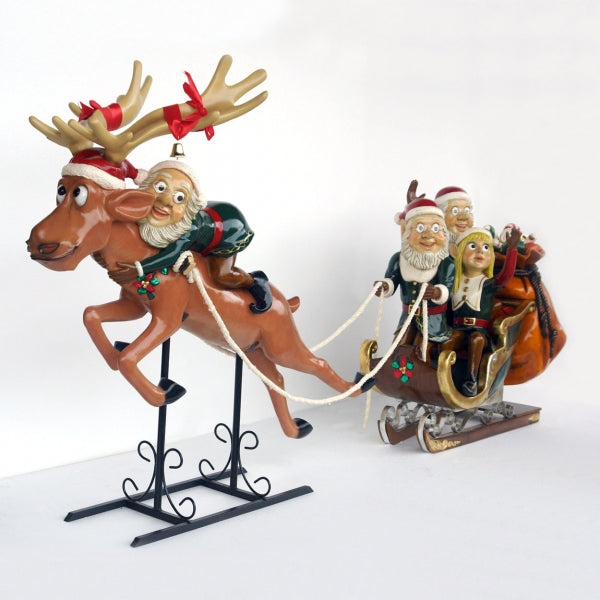 Elves with Santa's Sleigh & Reindeer Life Size Statue