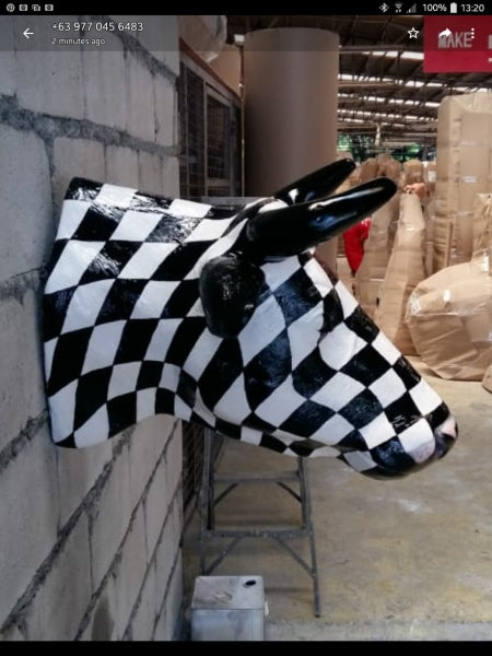 Checkered Cow Head Life Size Statue