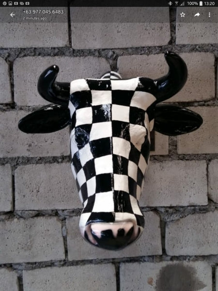 Checkered Cow Head Life Size Statue