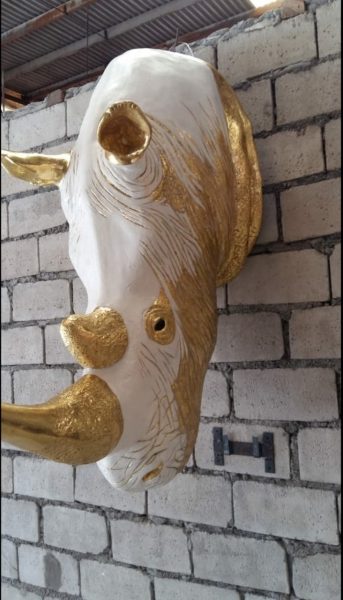 Golden Rhinoceros Head Life Size Statue