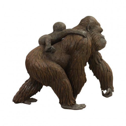 Brown Gorilla With Kid Walking Life Size Statue