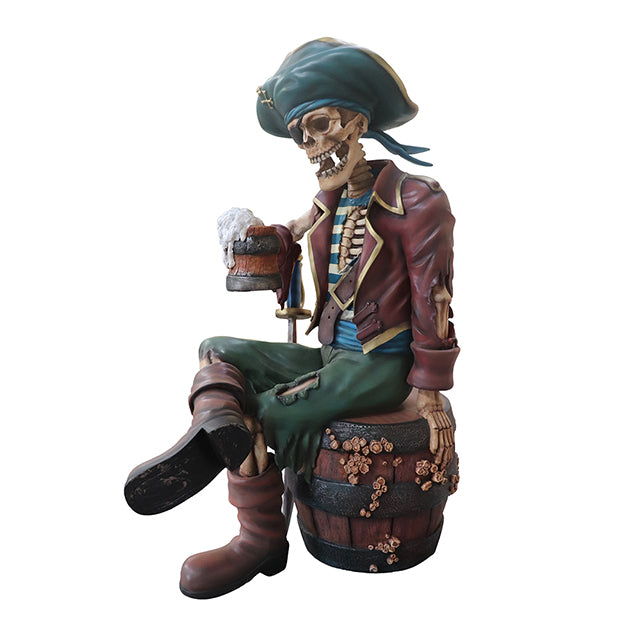 Skeleton Pirate Sitting On Barrel Life Size Statue