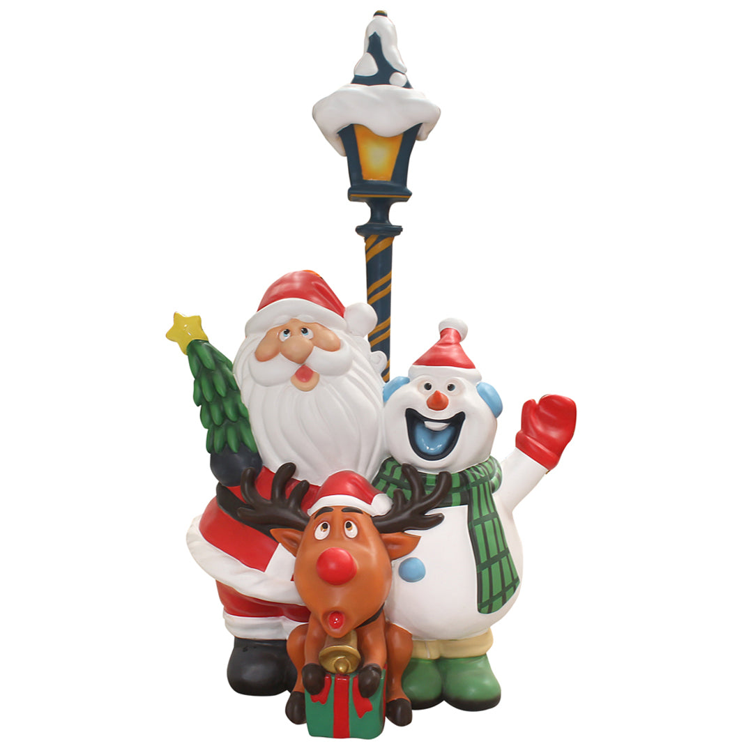 Santa With Friends Light Post Over Sized Statue