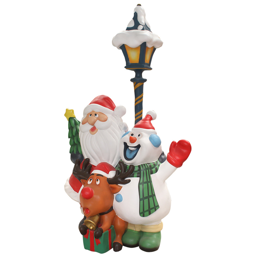 Santa With Friends Light Post Over Sized Statue