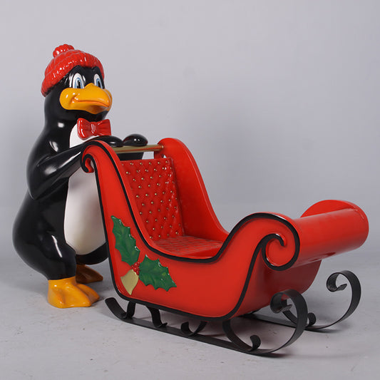 Penguin with Sleigh Life Size Statue