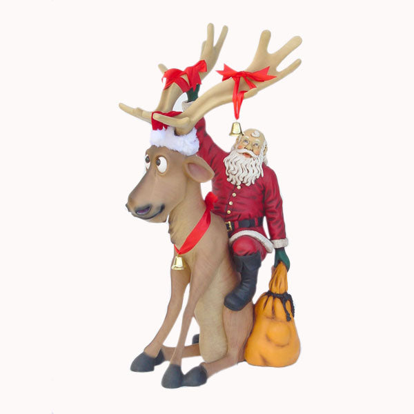 Funny Reindeer Sitting with Santa Claus Life Size Statue