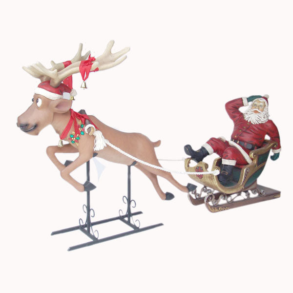 Funny Santa on Sleigh with Funny Reindeer Life Size Statue