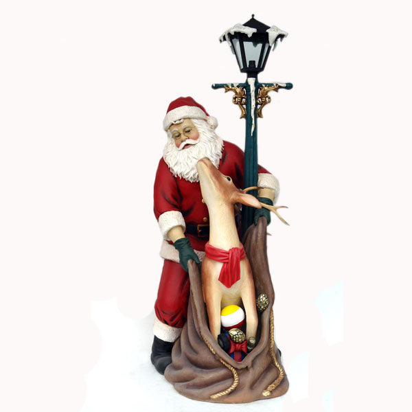 Santa Claus with Reindeer and Lamp Post Life Size Statue