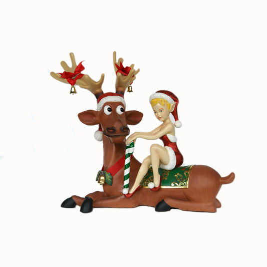 Lady Elf Sitting on Funny Reindeer Life Size Statue