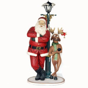 Santa & Funny Reindeer Standing with Lamppost