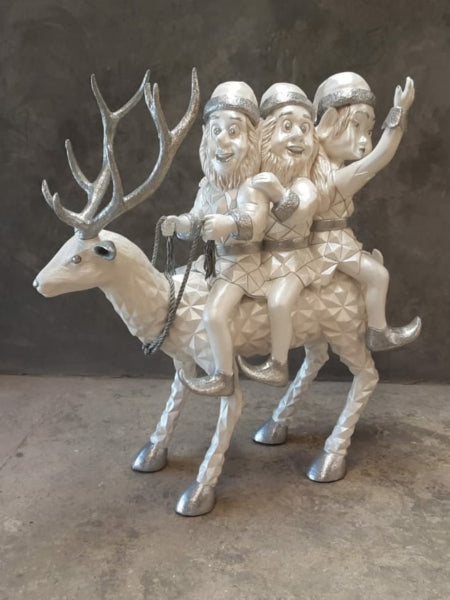Diamond Reindeer Standing with Elves Life Size Statue