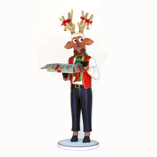 Funny Reindeer Male with Christmas Box Life Size Statue