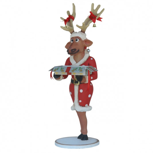 Funny Reindeer Female with Christmas Box Life Size Statue