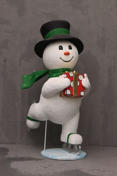 Snowman Skating with Gift Life Size Statue