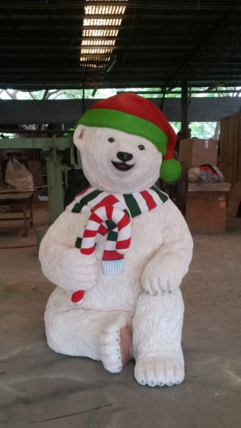 Polar Bear with Candy Cane Life Size Statue