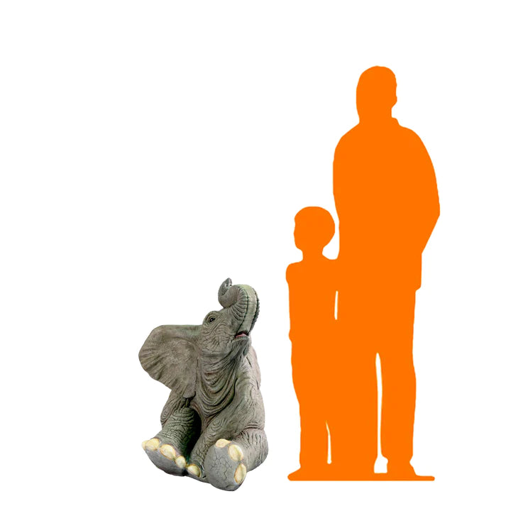 Elephant Baby Sitting Trunk Up Life Size Statue