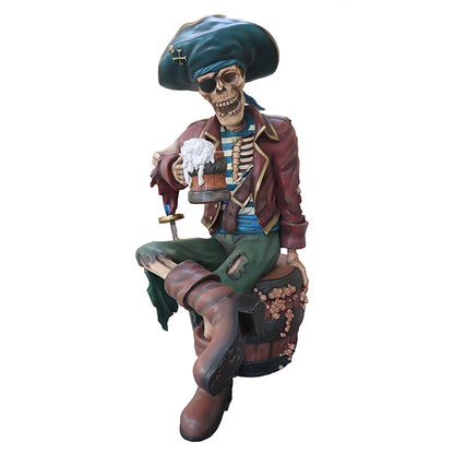 Skeleton Pirate Sitting On Barrel Life Size Statue