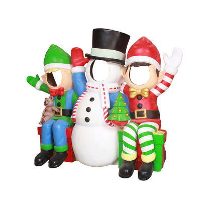 Snowman With Elf Friends Photo Op Statue