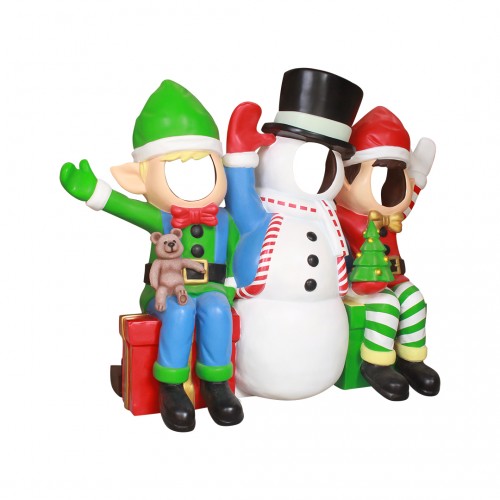 Snowman With Elf Friends Photo Op Statue