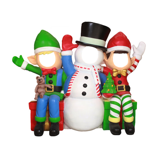 Snowman With Elf Friends Photo Op Statue